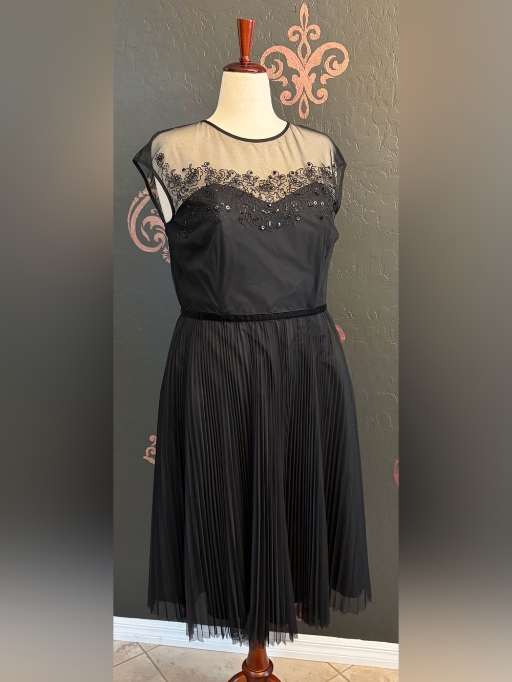 Black Beaded Mesh Yoke Pleated Cocktail Dress
